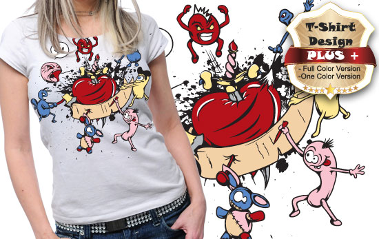 Red monster jumping on a heart T-shirt design plus 9 1