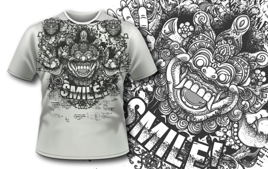 T-shirt design 398 - Bali Demon and Flowers 1