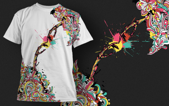 Colorful flowers and two skeletal hands T-shirt Design 432 1