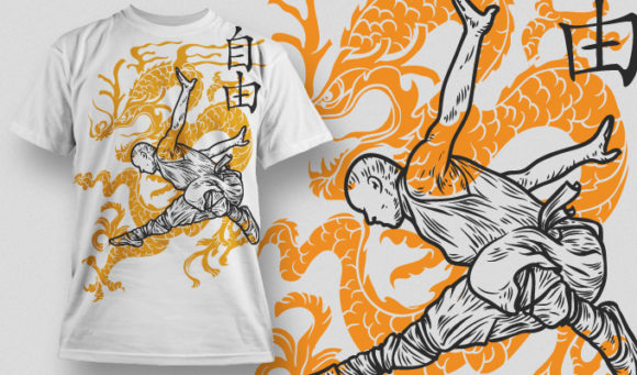 Shaolin monk with a dargon silhouette T-shirt Design 446 1