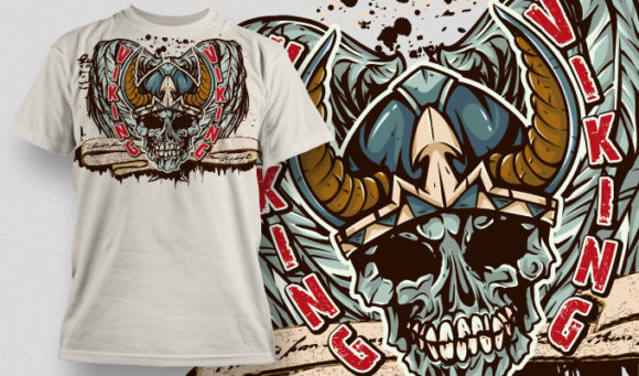 Viking skull, wings, flowers & scrolls T-shirt Design 461 1