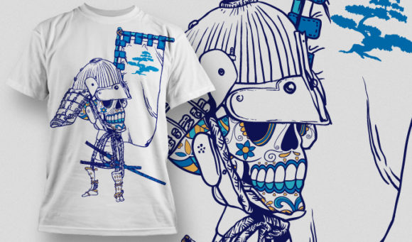 Sugar skull samurai and a sashimono T-shirt Design 478 1