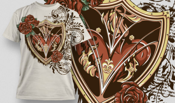 Roses and flaming heart on a shield T-shirt Design 480 1