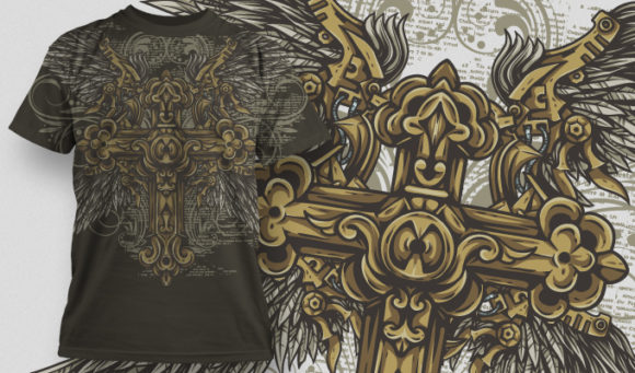 Golden cross with two sets of metallic wings T-shirt Design 484 1