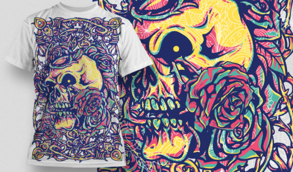 Skull, roses & entangled thorns T-shirt Design 512 1