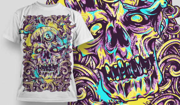 Zombie head with birds spinning around it T-shirt Design 514 1
