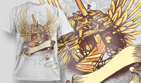 Broken hockey helmet, wings, halftones and a scrolls T-shirt Design 521 1