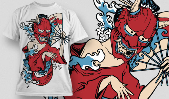 Geisha weaing a demon mask T-shirt Design 559 1