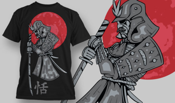 Samurai and a red sun in background T-shirt Design 574 1