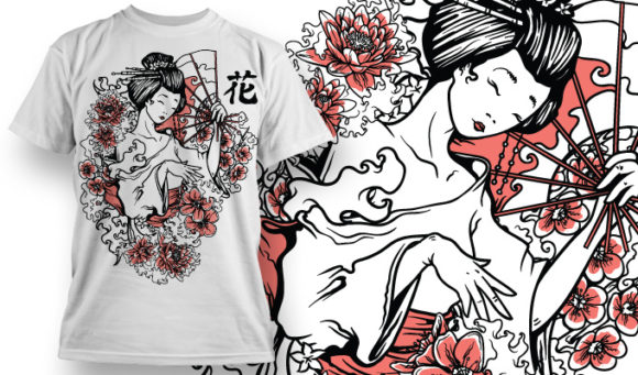 Geisha, flowers and kanji T-shirt Design 583 1