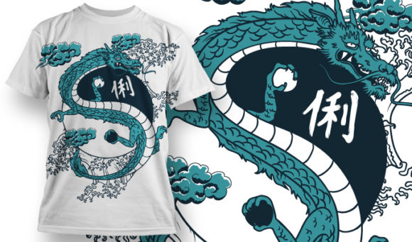 Japanese dragon, a Yin-Yang and water waves T-shirt Design 584 1