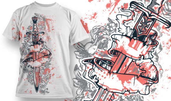 Sword, a scroll, flowers and grunges T-shirt Design 586 1