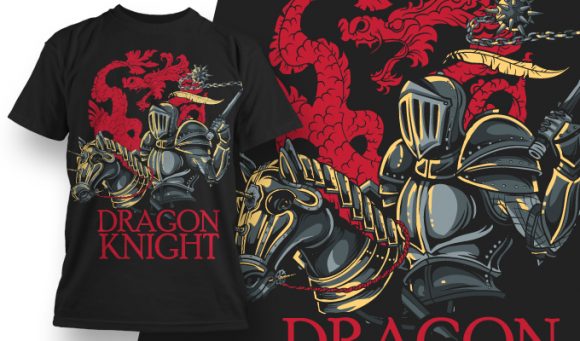 Knight riding a toy horse and a dragon silhouette T-shirt Design 594 1