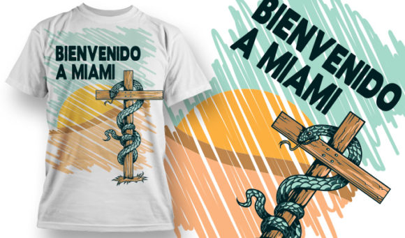 Snake curled around cross while the Miami sun dawns T-shirt Design 605 1