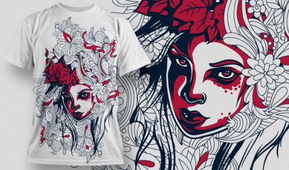 Girl's face on a floral background T-shirt Design 611 1