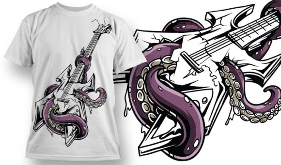 A guitar pierced by the evil octopus of inspiration T-shirt Design 641 1