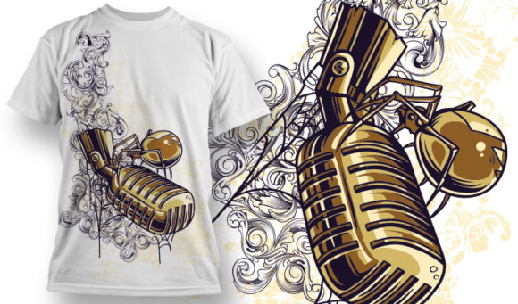 Golden microphone on a swirly background T-shirt Design 683 2
