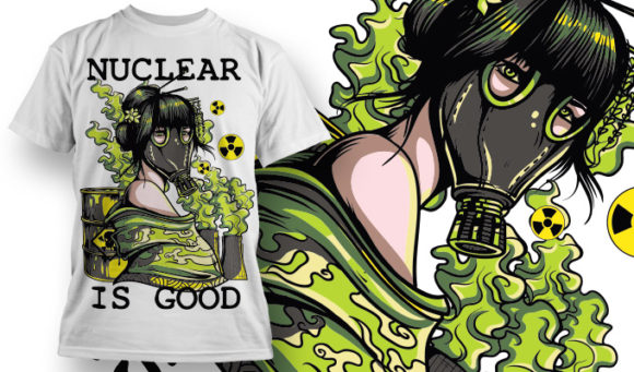 A woman wearing a gas mask near a nuclear power plant T-shirt Design 700 1