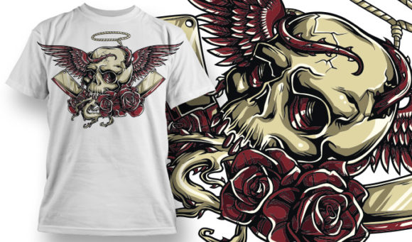 Skull, wings, roses & bloody cleavers T-shirt Design 704 1