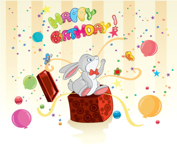 Bold Birthday Vector Graphic: Kids Birthday Party With Rabbit Vector Graphic Illustration 1