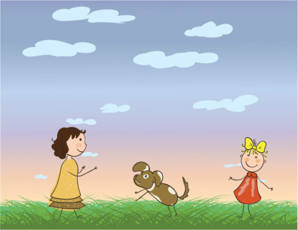 Lovely Playing Vector Illustration: Girls Playing With Dog Vector Illustration Background 1
