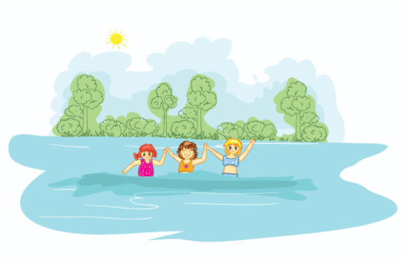 Astounding Illustration Vector Graphic: Little Girls In The Water Vector Graphic Illustration 1