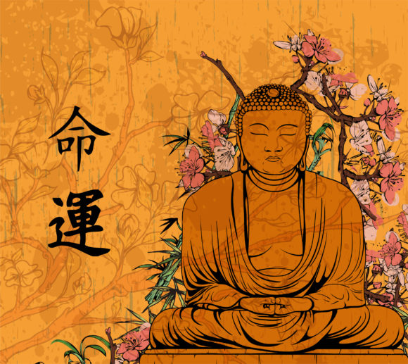 Gorgeous Vector Vector Illustration: Vector Illustration Grunge Floral Background With Buddha Statue 1