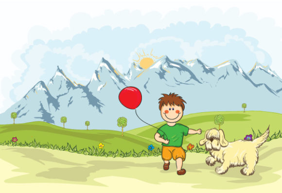 Playing, Mountain, The, Dog, Funny Vector Image Funny Kid Playing With A Dog On The Mountain Side 1