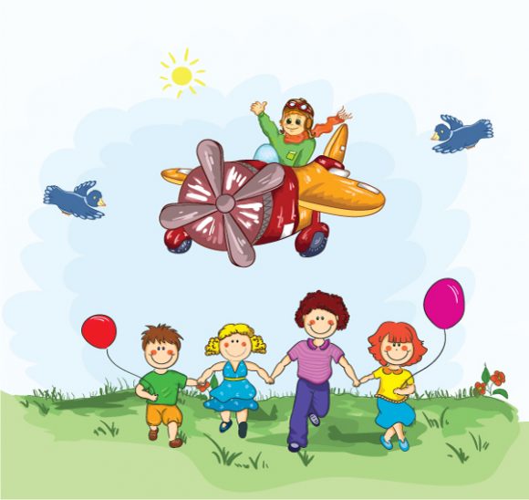 Plane Vector Background: Cute Kid Flying With A Plane 1