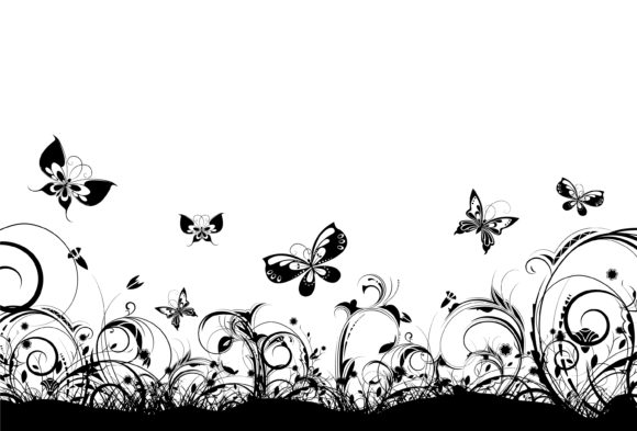Vector, Plant, Floral Vector Art Vector Floral Background With Butterflies 1