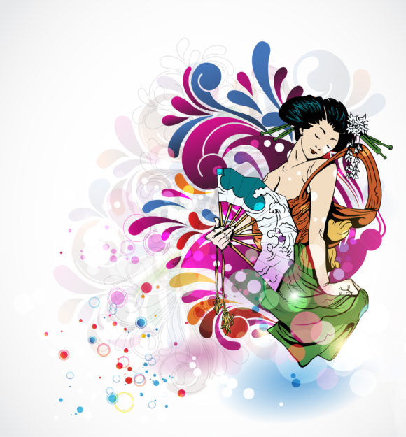 With, Vector, Colorful Vector Design Vector Colorful Background With Geisha 1