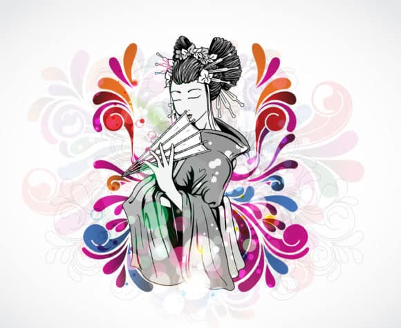 Vector, Decorationornateabstractsymboldesignillustrationbackgroundartartworkcreativedecorelegantimagevectorfakecolorfulcirclelightwomanladygirlgeishajapanjapaneseswirlcurl, Colorful Vector Vector Colorful Background With Geisha 1