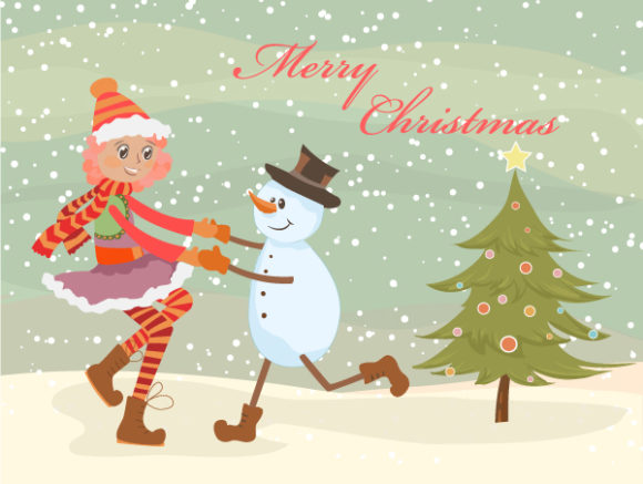 Vector, And Vector Art Vector Christmas Background With Girl And Snowman 1