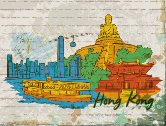 Awesome Rust Vector Art: Hong Kong Doodles With Grunge Background Vector Art Illustration 1