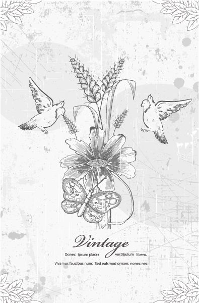 Birds, With, Floral Eps Vector Grunge Floral Background With Birds Vector Illustration 1