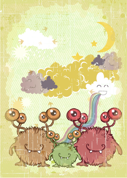 Monsters, Vector, Vintage-2, Funny Vector Art Vector Funny Background With Monsters 1