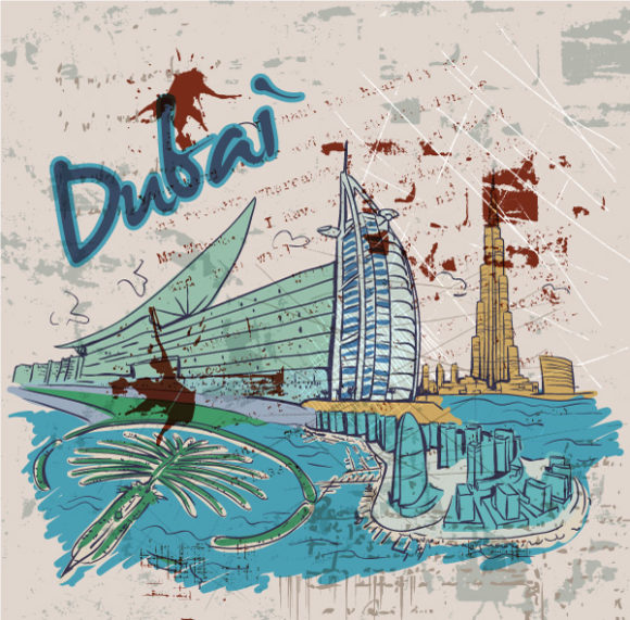City, Doodles, Illustration Eps Vector Dubai Doodles With Grunge Background Vector Illustration 1