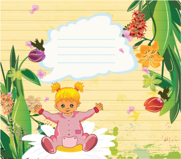 Brilliant Little Vector Background: Little Girl With Floral Vector Background Illustration 1