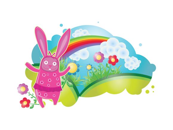 Striking Clowd Vector Graphic: Vector Graphic Spring Illustration With Floral And Rabbit 1