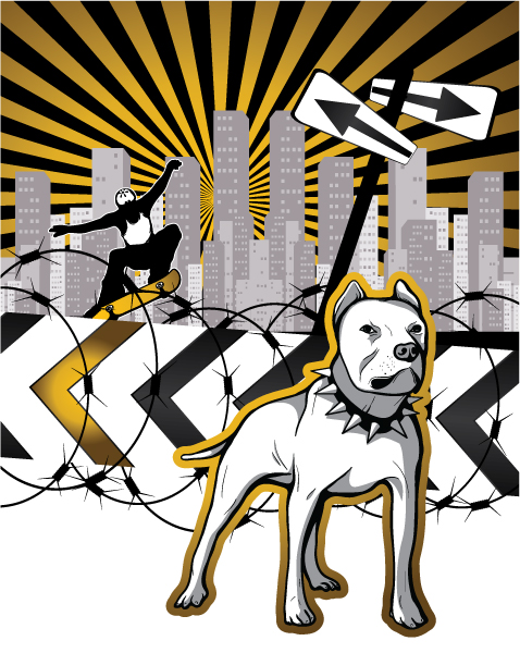 Urban, Illustration, Vector, With, Skater, Dog Vector Urban Background With Skater And Dog Vector Illustration 1