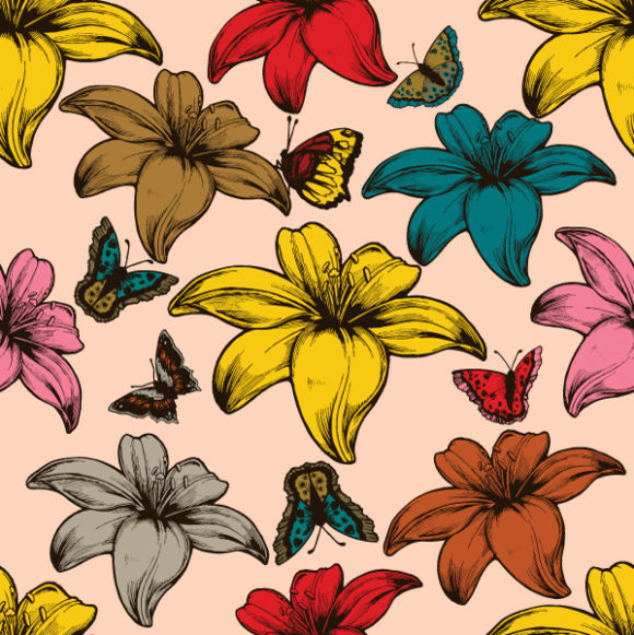 Butterflies, Vintage Vector Illustration Vector Vintage Seamless Floral Wallpaper With Hibiscus And Butterflies 1