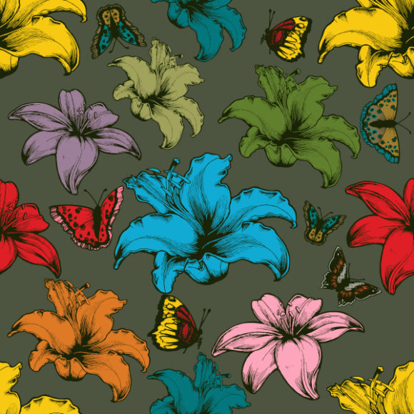 Seamless, Floral, With Vector Art Vector Vintage Seamless Floral Wallpaper With Hibiscus And Butterflies 1