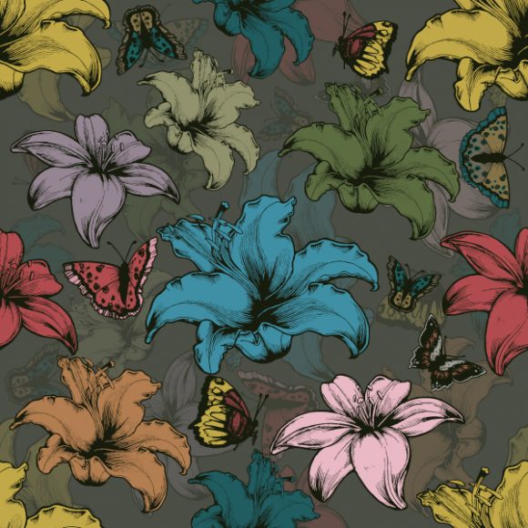 With, Wallpaper, Butterflies, Plant, And, Vector Vector Background Vector Vintage Seamless Floral Wallpaper With Hibiscus And Butterflies 1
