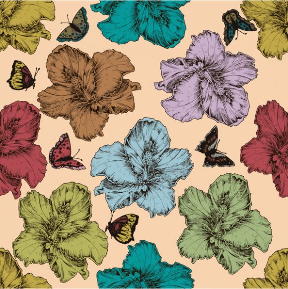 Trendy Plant Vector Artwork: Vector Artwork Vintage Seamless Floral Wallpaper With Hibiscus And Butterflies 1