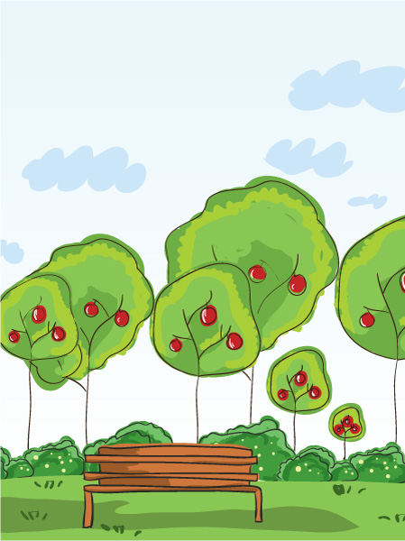 Brilliant Bench Vector Art: Cartoon Background With Trees Vector Art Illustration 1
