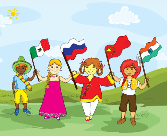 Stunning Vector Vector: Kids With Flags Vector Illustration 1