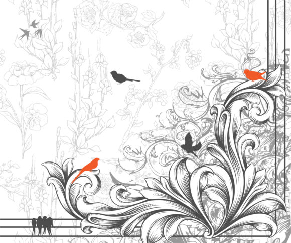 Smashing With Vector Design: Vector Design Engraved Floral Corner With Birds 1