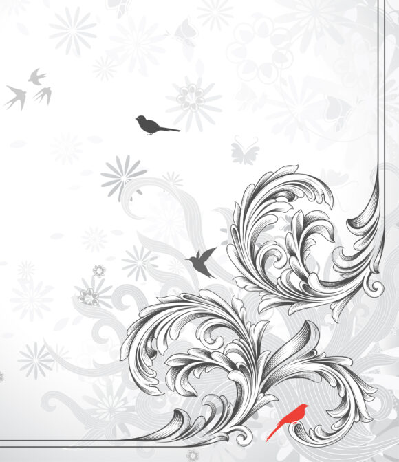 With, Floral, Vector Vector Illustration Vector Engraved Floral Corner With Birds 1