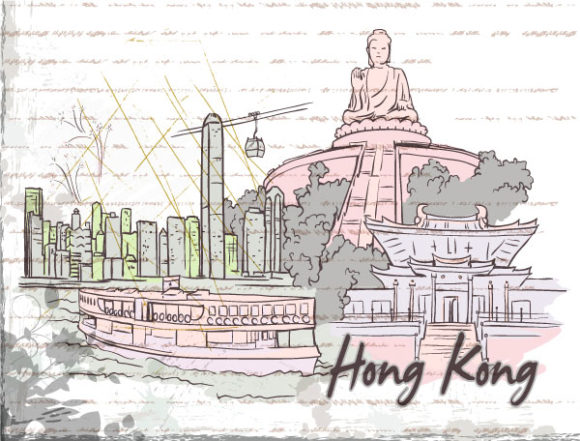 With, Kong, Vector Vector Design Hong Kong Doodles With Grunge Background Vector Illustration 1