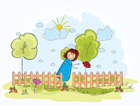 With, Sun, Little, Cloud Vector Art Little Girl With Trees Vector Illustration 1